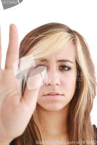 Image of Confident woman stop gesture sing with hand 