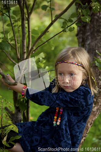 Image of Little girl sitting on a branch of an apple tree