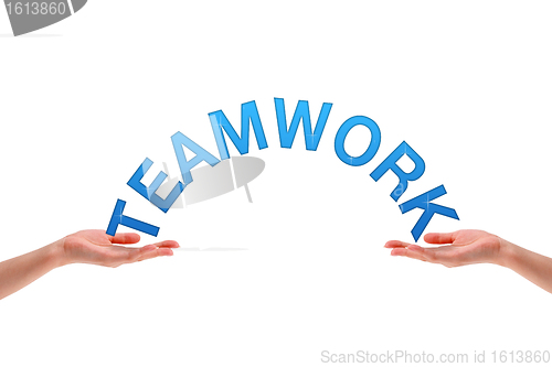 Image of Hands holding the word teamwork