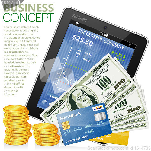 Image of Financial Concept with Tablet PC, Dollars, Credit Cards and Coin