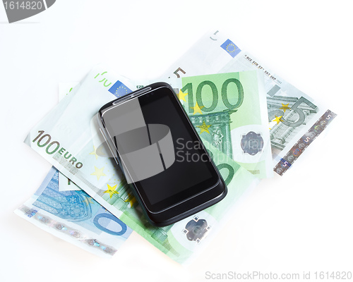 Image of Modern mobile smart phone and  euro banknotes