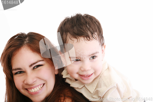 Image of Joyful toddler on back of his mother 