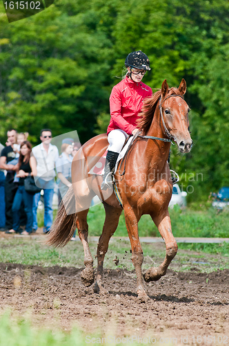 Image of unknown jockey and horse after the finish line