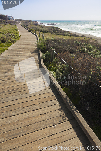 Image of Wooden Walkway Along Ocean Coast