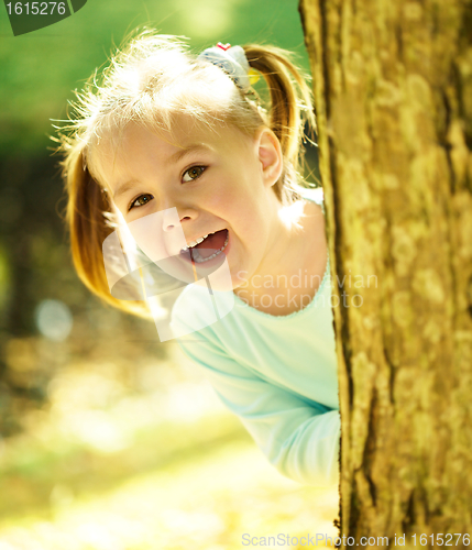 Image of Cute little girl is playing hide and seek