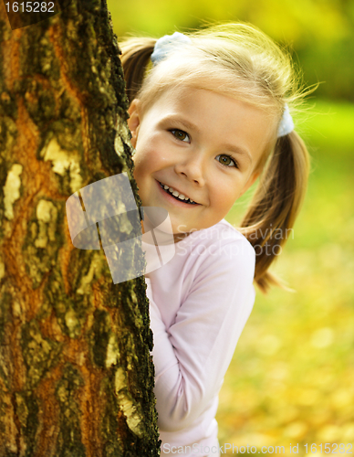 Image of Cute little girl is playing hide and seek