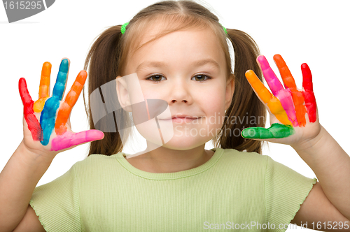 Image of Cute cheerful girl with painted hands