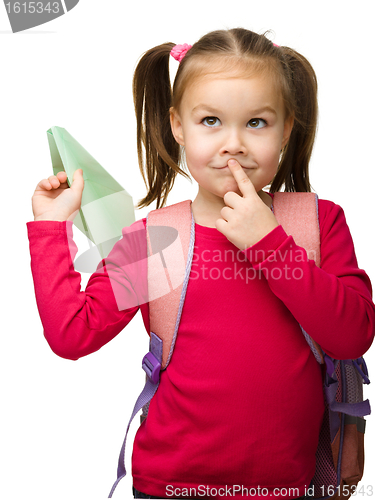 Image of Portrait of a cute schoolgirl with backpack