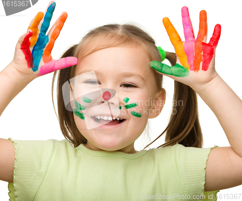Image of Cute cheerful girl with painted hands