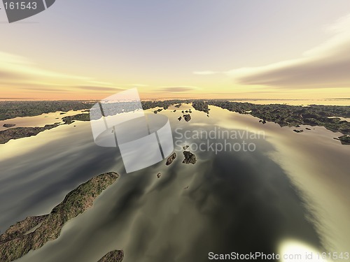 Image of 3d image - sky above echoed in river below
