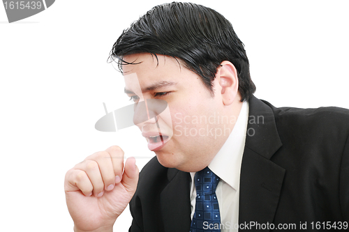 Image of young ill businessman coughing isolated over white background 