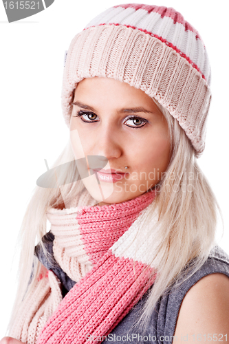 Image of Cheerful woman clothing in warm hat. Winter season.