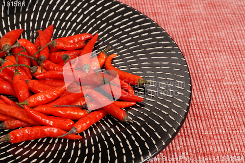 Image of Red Thai peppers on black and white plate