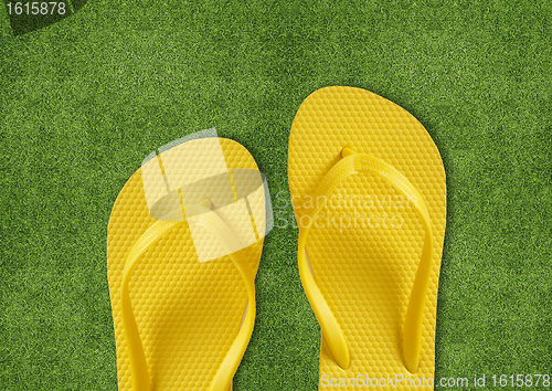 Image of Yellow Flip Flops on green grass