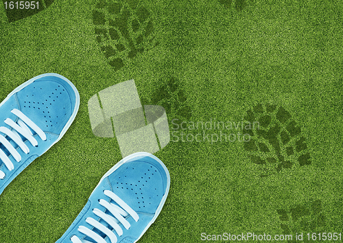 Image of Shoe print on green grassland