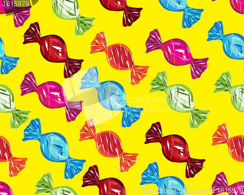 Image of seamless boiled sweets on yellow background