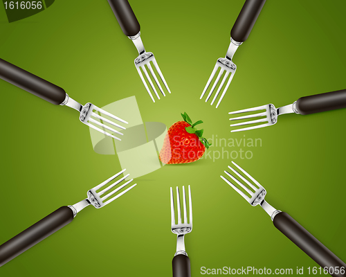 Image of one strawberry between set of forks