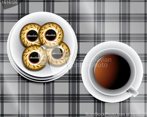Image of background including Cup of tea and cookies and chocolate bars