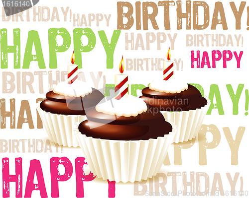 Image of greeting card from chocolate Birthday cupcake with candle and cr