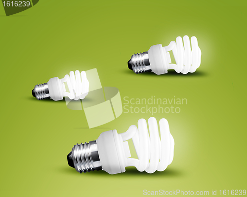 Image of Three glowing Light bulb idea on green background