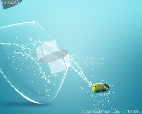 Image of angelfish jumping out of  fishbowl