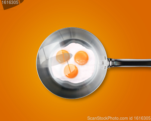 Image of Three Fried eggs in a frying pan 