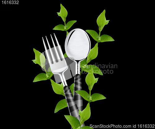 Image of green leaves around fork and spoon