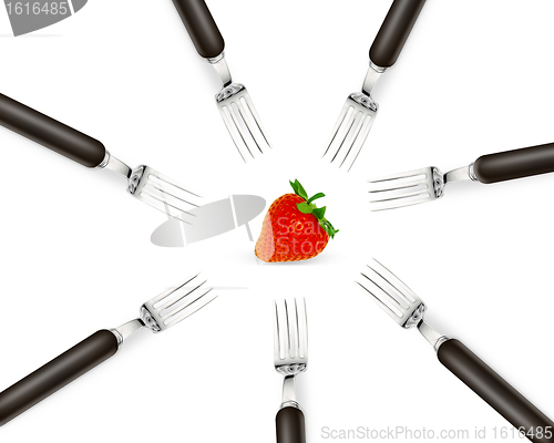 Image of one strawberry between set of forks