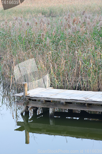 Image of wooden pier in tranquil lake at morning 