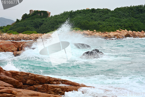 Image of rocky sea coast and blurred water in shek o,hong kong 