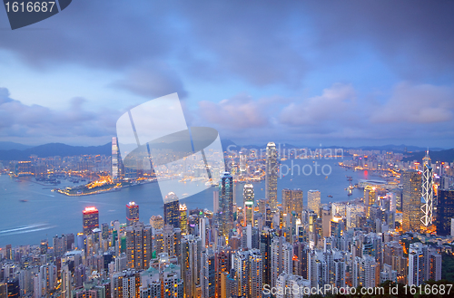 Image of sunset of cityscape in Hong Kong 