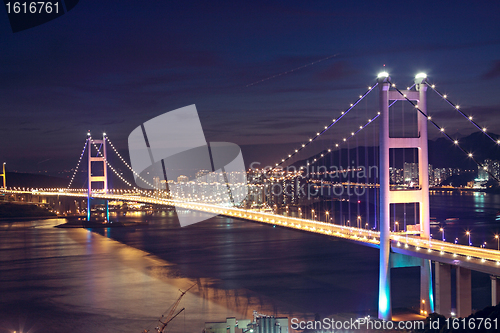 Image of Beautiful night scenes of Tsing Ma Bridge in Hong Kong. 