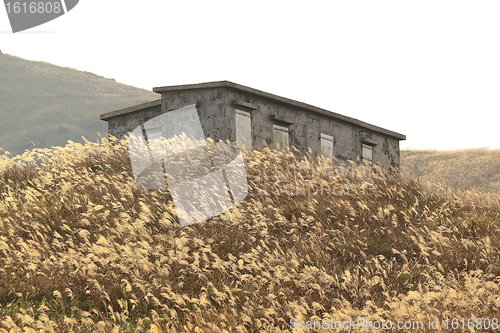 Image of old stone house with grass on the mountain 