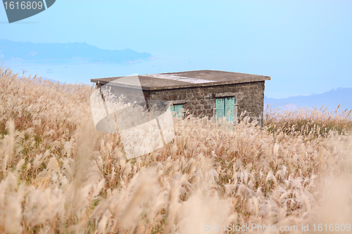 Image of old stone house with grass on the mountain 