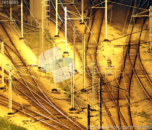 Image of Train tracks in hongkong by night.