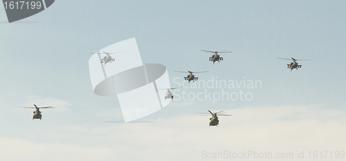 Image of AH-64, cougar, chinook helicopters