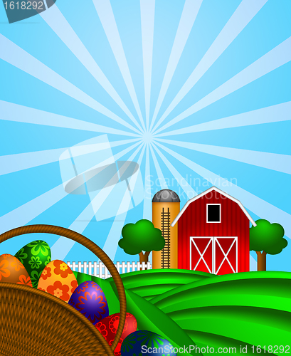 Image of Easter Eggs Basket with Red Barn on Green Pasture