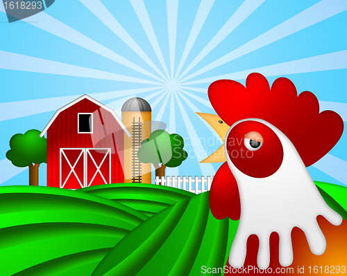 Image of Rooster on Green Pasture with Red Barn with Grain Silo 