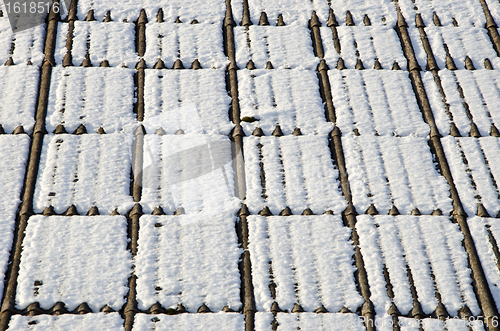 Image of Background house slate roof snow winter. Poisonous 