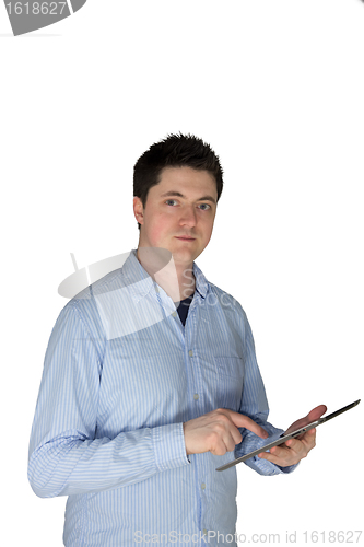 Image of Man touching tablet and looking at me