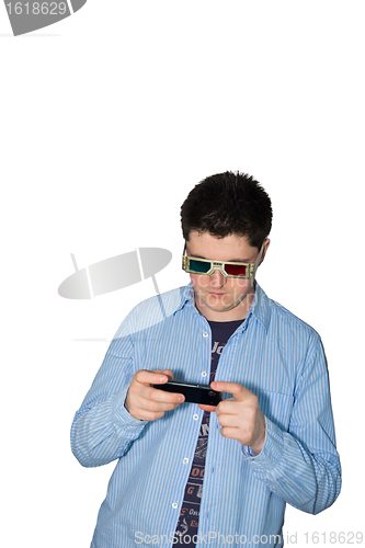 Image of man watching 3d movie at mobile phone