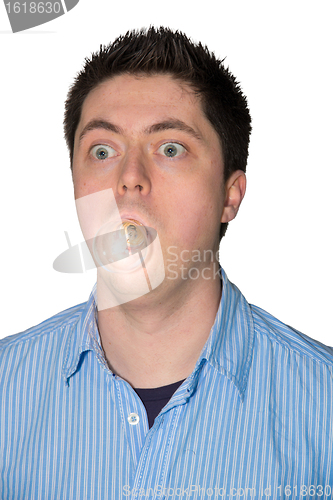 Image of man with a glowing lightbulb in his mouth