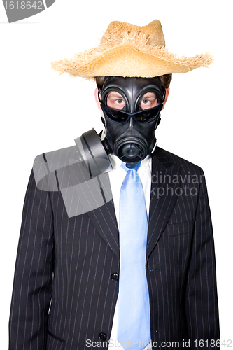 Image of Man with gasmask hat and sunglasses