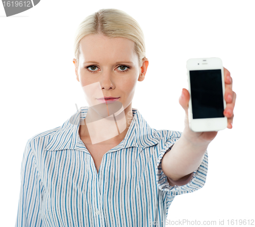 Image of Corporate female communicating on phone against white background