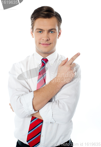 Image of Smart businessperson pointing away from camera