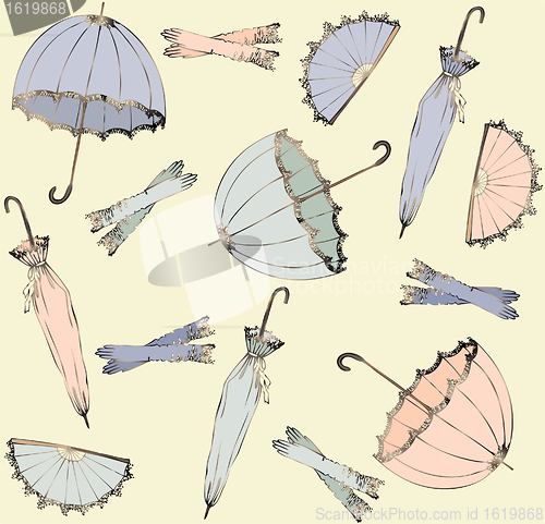 Image of Illustration of vintage umbrella, fan, glove. Seamless background fashionable modern wallpaper or textile.