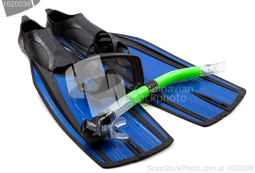 Image of Mask, snorkel and flippers on white background.