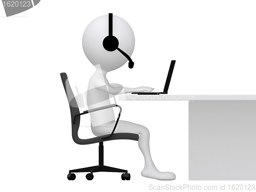 Image of A computer customer support person types on a laptop computer 