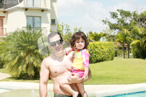 Image of Father and daughter beside the swimming pool 