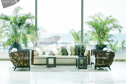 Image of sofas overlooking sea in Playa Bonita, Panama. 